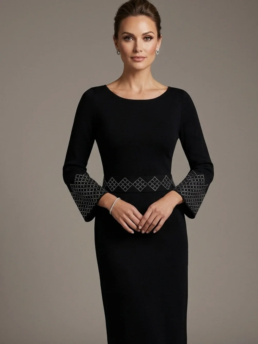 St. John Evening Black Santana Knit Dress Crystal Studded Cuff Waist Long Sleeve